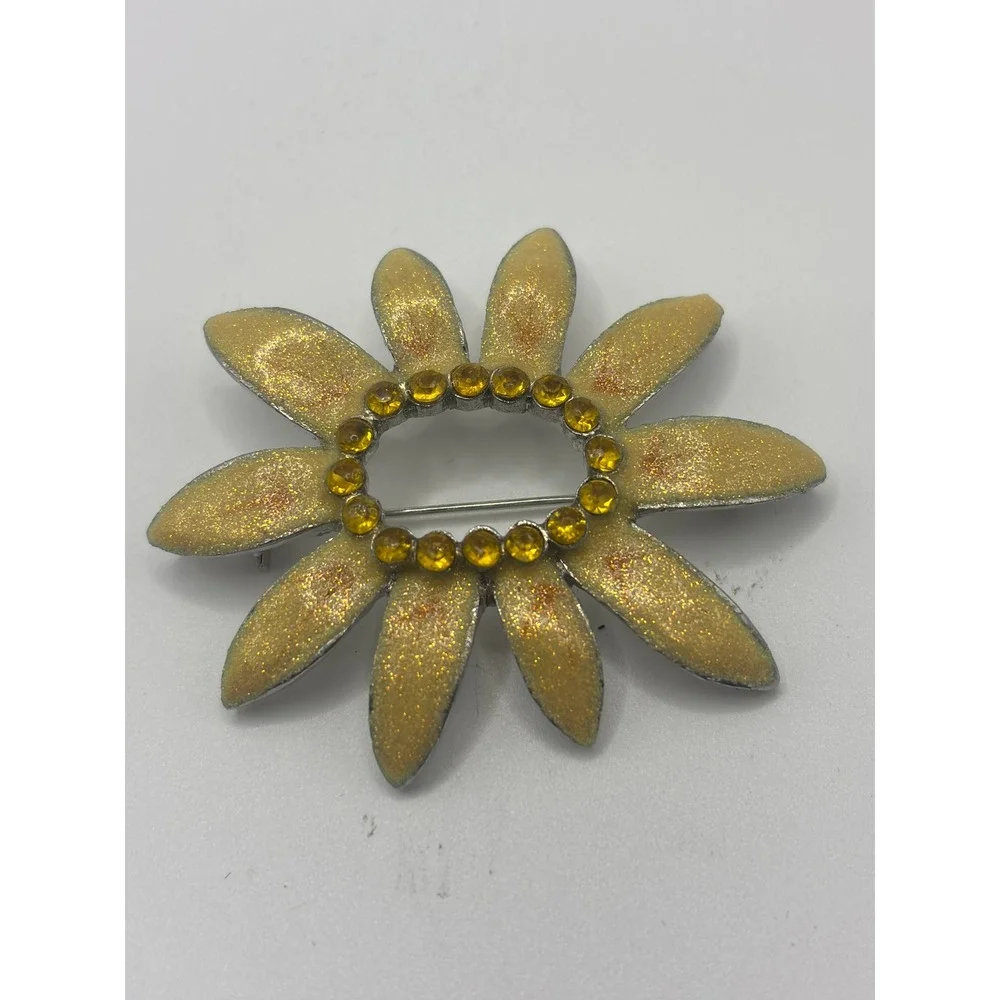 Vintage Yellow Enamel Sunflower Brooch Amber Rhinestone Glitter‎ Floral Pin